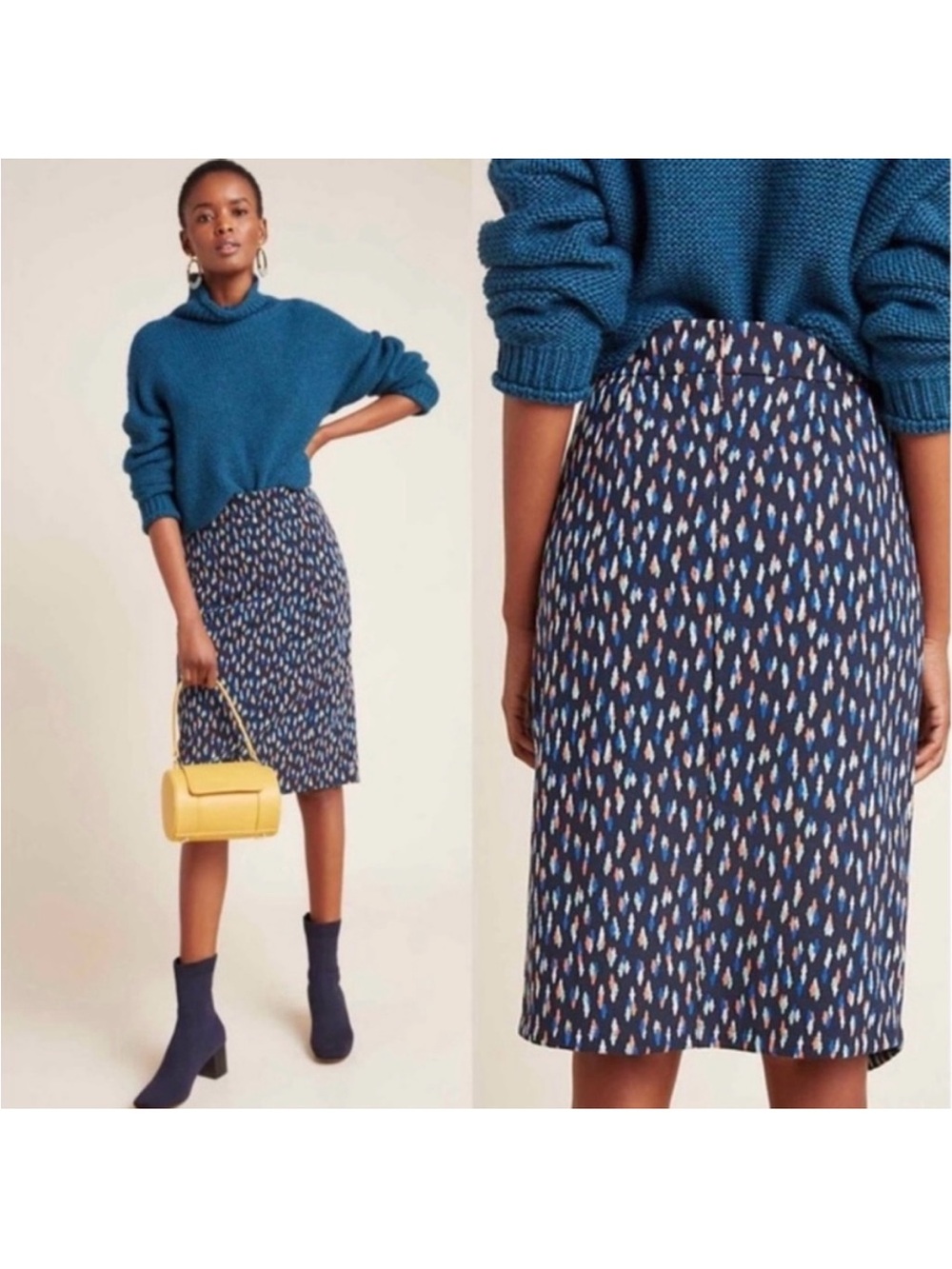 Anthropologie Navy Multi-Print Midi Pencil Skirt
